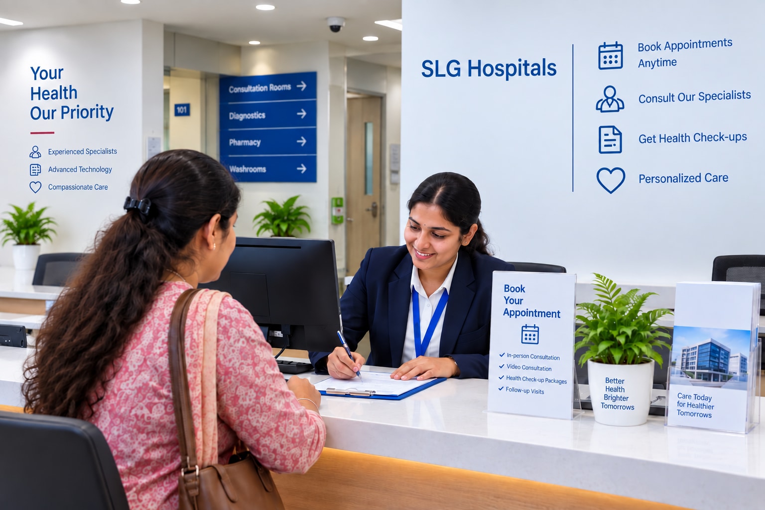 A member of the appointments team at SLG Hospitals writing down a patient's request at the front desk.