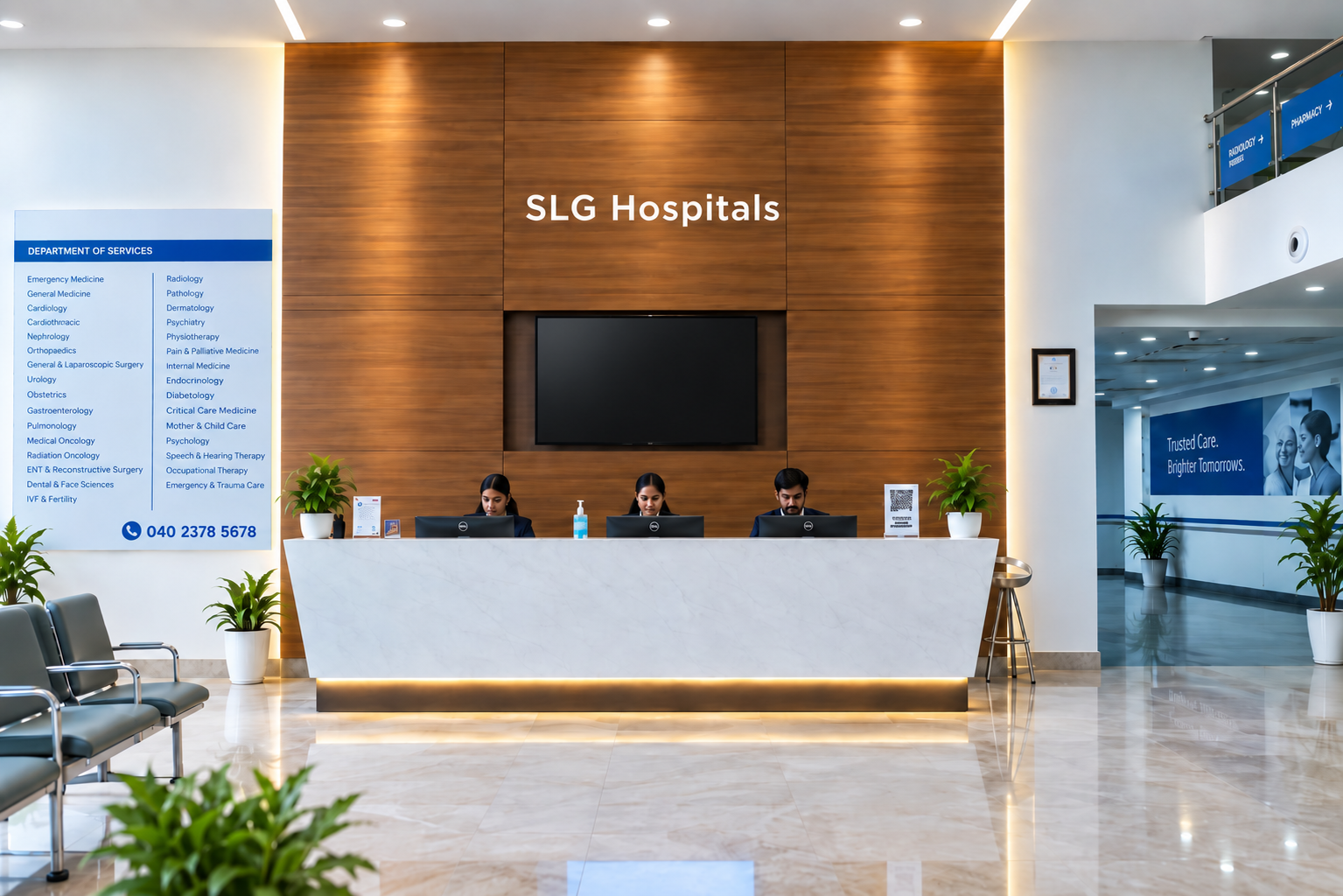 The reception desk in the main lobby at SLG Hospitals, with the department directory and the appointments number beside it.