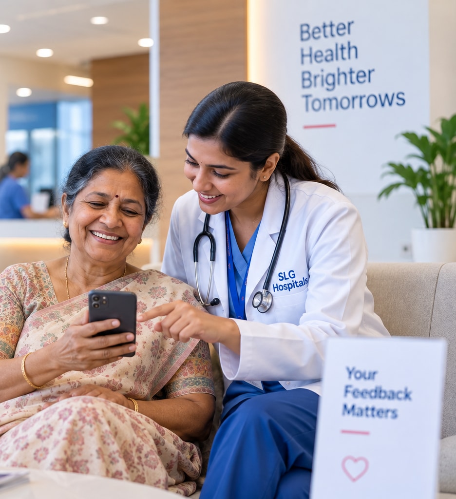 A patient and a doctor at SLG Hospitals looking at a phone together.