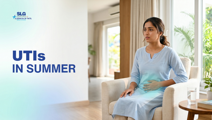 Woman experiencing urinary discomfort and UTI symptoms during summer.