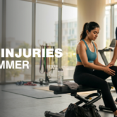 Gym-goer experiencing shoulder, knee and lower back pain after a summer workout.