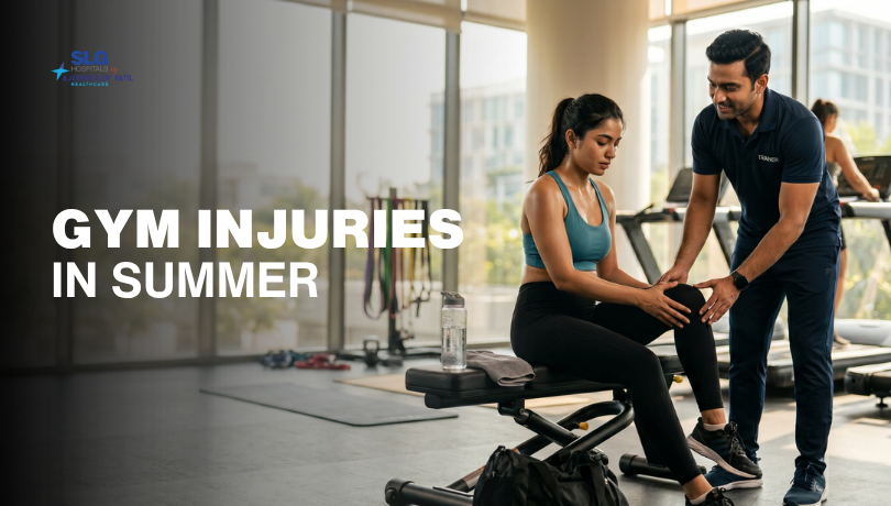 Gym-goer experiencing shoulder, knee and lower back pain after a summer workout.
